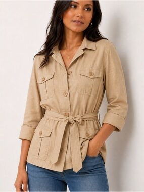 Jones New York Sport Linen Blend Safari Utility Jacket Belted Tan XL
